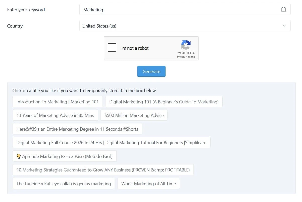 FluxyTools YouTube Title Generator interface showing AI-generated viral video title examples